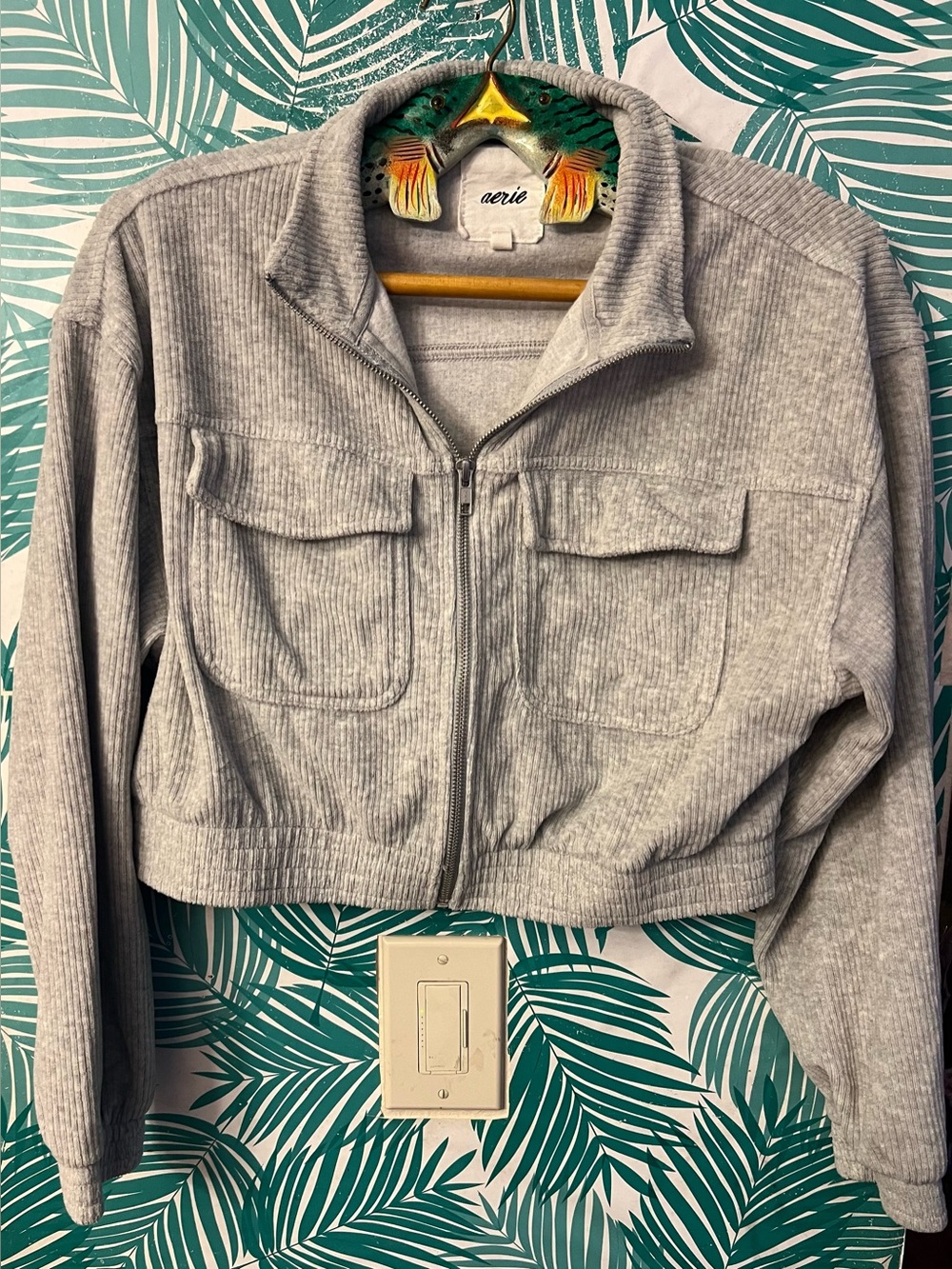 Aerie Cropped Light Gray Ribbed full Zip-Front Jacket dual front flip pockets S